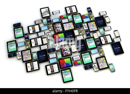 Render aus einer Sammlung von Smartphones und Tablets mit verschiedenen Bildschirmen isoliert auf weißem Hintergrund Stockfoto