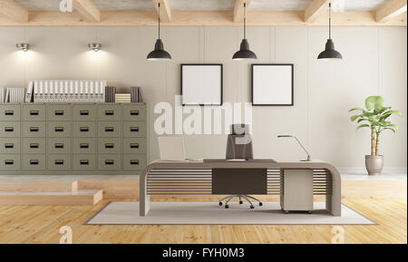 Zwei Ebenen zeitgenössische Büro Aktenschrank, modernen Schreibtisch und Holzdecke - 3d rendering Stockfoto