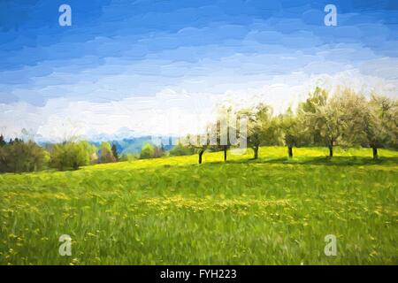 Im Frühjahr Ölgemälde Landschaft - grüne Wiese und Obst Bäume. Original Ölgemälde auf Leinwand. Stockfoto