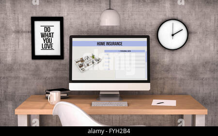 3D Illustration für einen Arbeitsplatz mit Computer und andere Sachen Stockfoto
