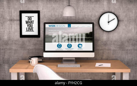 3D Illustration für einen Arbeitsplatz mit Computer und andere Sachen Stockfoto