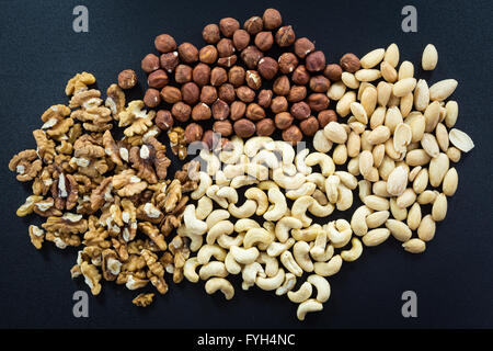 Mandeln, Cashew, Walnüsse und Haselnüsse auf schwarzem Hintergrund Stockfoto
