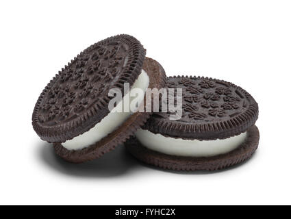 Zwei Extra Fett Schokolade Sandwich-Plätzchen mit Zuckerguss, Isolated on White Background. Stockfoto