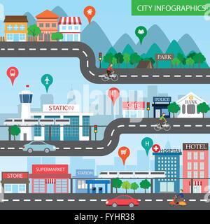 Stadt-Infografiken-Hintergrund und Elemente, gibt es Dorf, Gebäude, Straße, Park, Transport, eignet sich für Web-Design, Stock Vektor