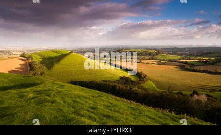 Sonnenaufgang auf der Somerset Levels von Corton Beacon. Stockfoto