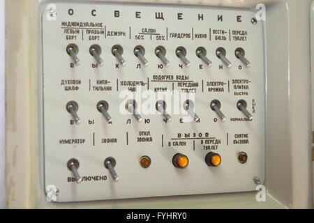 Panel of switches on an aircraft Tu-144 (The inscription, lighting) Stockfoto