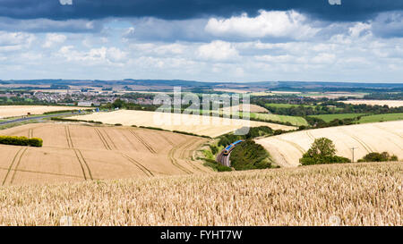 Ein South West Trains Personenzug Kürzungen durch die South Dorset Downs auf der Strecke von Dorchester nach Weymouth. Stockfoto