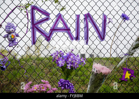 Ehrungen und Andenken links pop für-Ikone Prince außerhalb Paisley Park in Chanhassen, Minnesota. Stockfoto