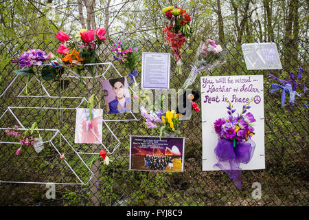 Ehrungen und Andenken links pop für-Ikone Prince außerhalb Paisley Park in Chanhassen, Minnesota. Stockfoto