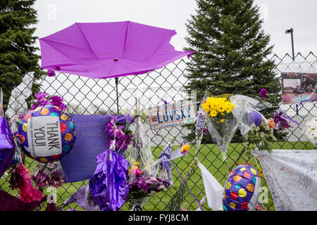 Ehrungen und Andenken links pop für-Ikone Prince außerhalb Paisley Park in Chanhassen, Minnesota. Stockfoto