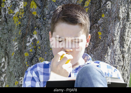 Kleiner Junge liest ein Buch im Wald mit geringer Tiefe Feld und Kopie Stockfoto