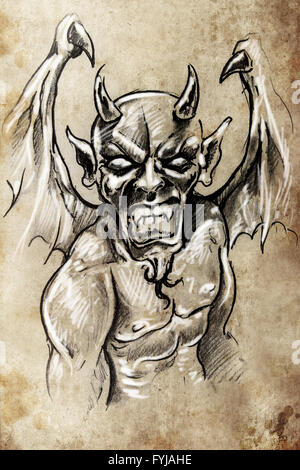 Teufel Tattoo skizzieren, handgefertigte Design über Vintage-Papier Stockfoto