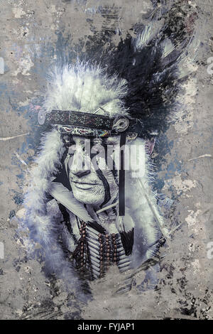 FineArt, indianischer Krieger, Häuptling des Stammes. Mann mit Feder Kopfschmuck und tomahawk Stockfoto