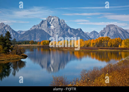 WYOMING - Mount Moran und Espe Bäume im Herbst Farbe aus dem Snake River in Oxbow Bend im Grand Teton National Park. Stockfoto
