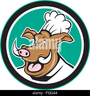 Wildes Schwein Wildschwein Chef Cook Kopf Kreis Cartoon Stockfoto