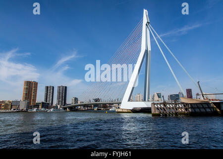 Erasmus-Brücke über den Fluss Nieuwe Maas, Skyline der Innenstadt von Rotterdam, The Netherlands, Verkehr auf der Brücke, Schiffe am Fluss, Stockfoto