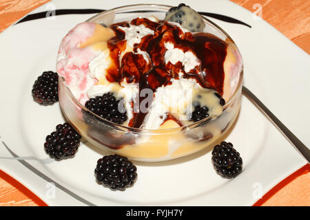 Verschiedene Eissorten mit Sahne, Schokoladensauce, Eierlikör und Brombeeren in einer kleinen Schüssel Stockfoto