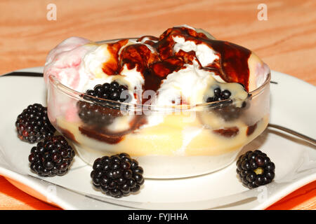 Verschiedene Eissorten mit Sahne, Schokoladensauce, Eierlikör und Brombeeren in einer kleinen Schüssel Stockfoto