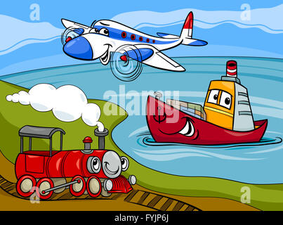 Flugzeug Schiff Zug Cartoon illustration Stockfoto