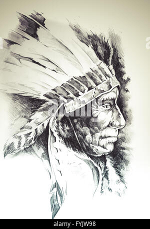 Skizze der Tattoo-Kunst, native american indian Head, Chief, isoliert Stockfoto