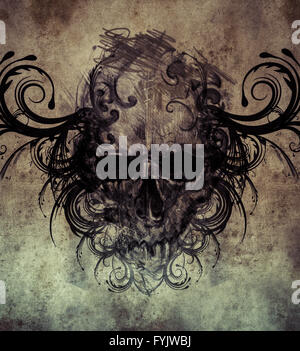 Skizze der Tattoo-Kunst, Schädel mit tribal Schnörkel Stockfoto