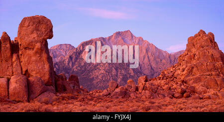 Pre-Sunrise, östlichen Berge der Sierra Nevada, California, USA Leuchten auf Lone Pine Peak (12.944 ft) und Felsen von der Alabama Hills. Stockfoto