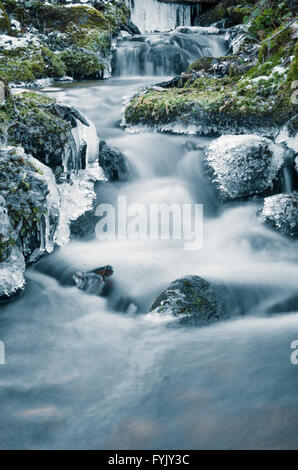 Die Strömung des Wassers im Frühjahr von Eiszapfen und Eis Stockfoto