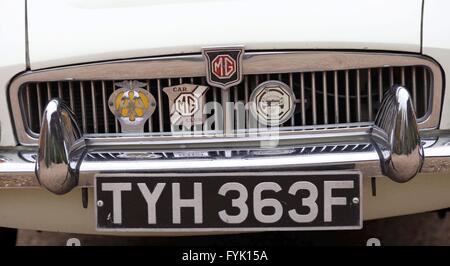 Frontgrill, Nummernschild und Abzeichen auf einem Vintage MG Sportwagen. Stockfoto
