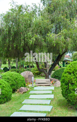 weitverzweigt Baum mit Wagenrad im park Stockfoto