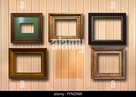 Vergoldeter Holzrahmen für Bilder im Hintergrund Stockfoto