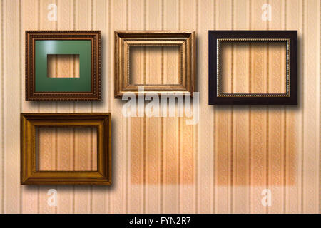 Vergoldeter Holzrahmen für Bilder im Hintergrund Stockfoto