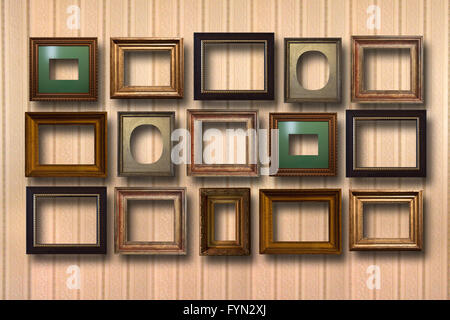 Vergoldeter Holzrahmen für Bilder im Hintergrund Stockfoto