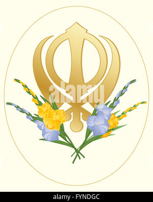 ein Beispiel für eine Grußkarte mit einem Sikh golden Symbol des Glaubens dekoriert mit Gladiolen-Blüten auf einem cremefarbenen Hintergrund Stockfoto