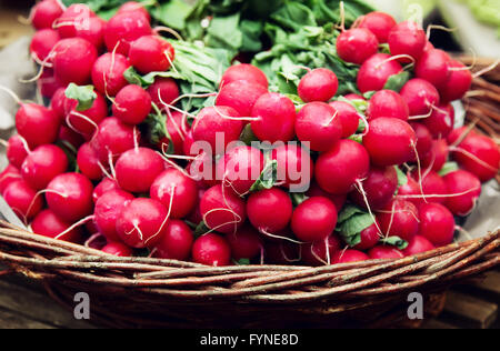 Bunte Rettich in einem Korb am Markt. Stockfoto