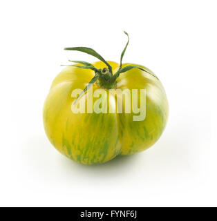 Einzelne ganze Reife grüne Tiger Tomaten auf einem weißen Hintergrund in einer Nahaufnahme Stockfoto