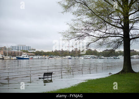 WASHINGTON, DC - eine überflutet Uferpromenade entlang Hains Point und Washington Channel (mit Südwest-Küste im Hintergrund). Stockfoto