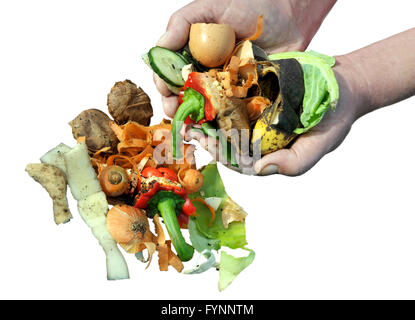 Umgang mit Küche Essen und Garten Gemüse Abfallstoffen nach Hause Recycling durch Kompostierung. Isolierte Bild. Stockfoto