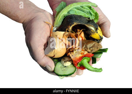 Umgang mit Küche Essen und Garten Gemüse Abfallstoffen nach Hause Recycling durch Kompostierung. Isolierte Bild. Stockfoto