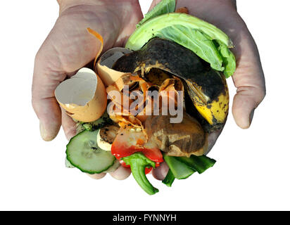 Umgang mit Küche Essen und Garten Gemüse Abfallstoffen nach Hause Recycling durch Kompostierung. Isolierte Bild. Stockfoto