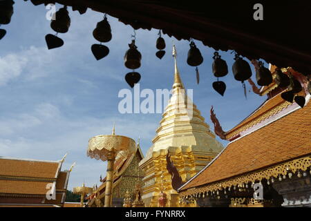 Goldene Stupa und Regenschirm strukturieren Wat Phra, die Doi Suthep, Chiang Mai, Thailand Stockfoto