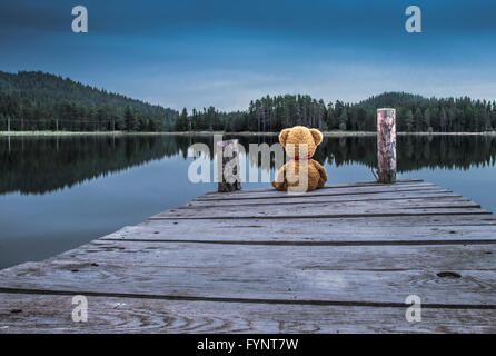 Teddy Bär sitzend auf einem Pier am Ufer eines Bergsees Stockfoto