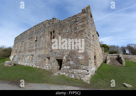 Penmon Priory, Wales. Malerische Aussicht auf das 13. Jahrhundert Ruinen Penmon Priory. Stockfoto