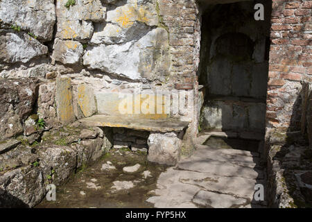 Penmon Priory, Wales. Malerische Aussicht auf St Seiriol gut, Penmon Priory Ruinen, Anglsey gelegen. Stockfoto