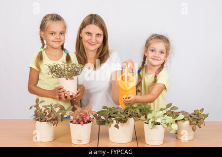 Mutter und Tochter bewässert Fitton aus einer Gießkanne Stockfoto