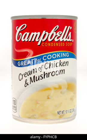 Winneconne, Wisconsin - 21. November 2015: A can Campbells Creme von Huhn & Pilzsuppe Stockfoto