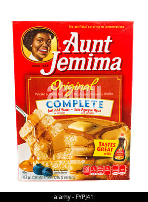 Winneconne, Wisconsin - 5. Februar 2015: Box von Tante Jemima Original Pfannkuchen-Mix.  Fügen Sie einfach Wasser vorzubereiten. Stockfoto