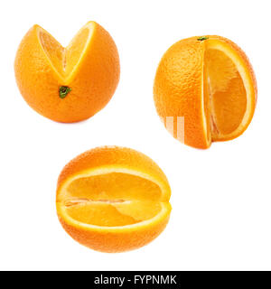 Frische orange Schnitt in Scheiben über dem weißen Hintergrund isoliert set von verschiedenen Verkürzungen Stockfoto