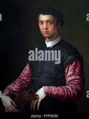 Porträt eines jungen Mannes mit Faon von Francesco Salviati, ca. 1545-48, die Fürstlichen Sammlungen, Vaduz – Wien, Lichtenstein, Stockfoto