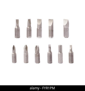 Schraubendreher Bits gesetzt über weißen Hintergrund isoliert Stockfoto