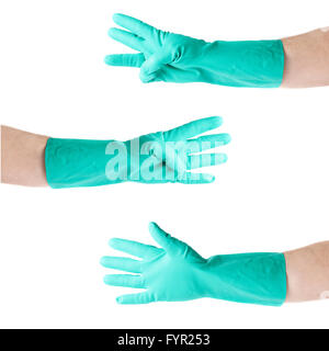 Reihe von Händen in Latex Gummihandschuh über weißen Hintergrund isoliert Stockfoto